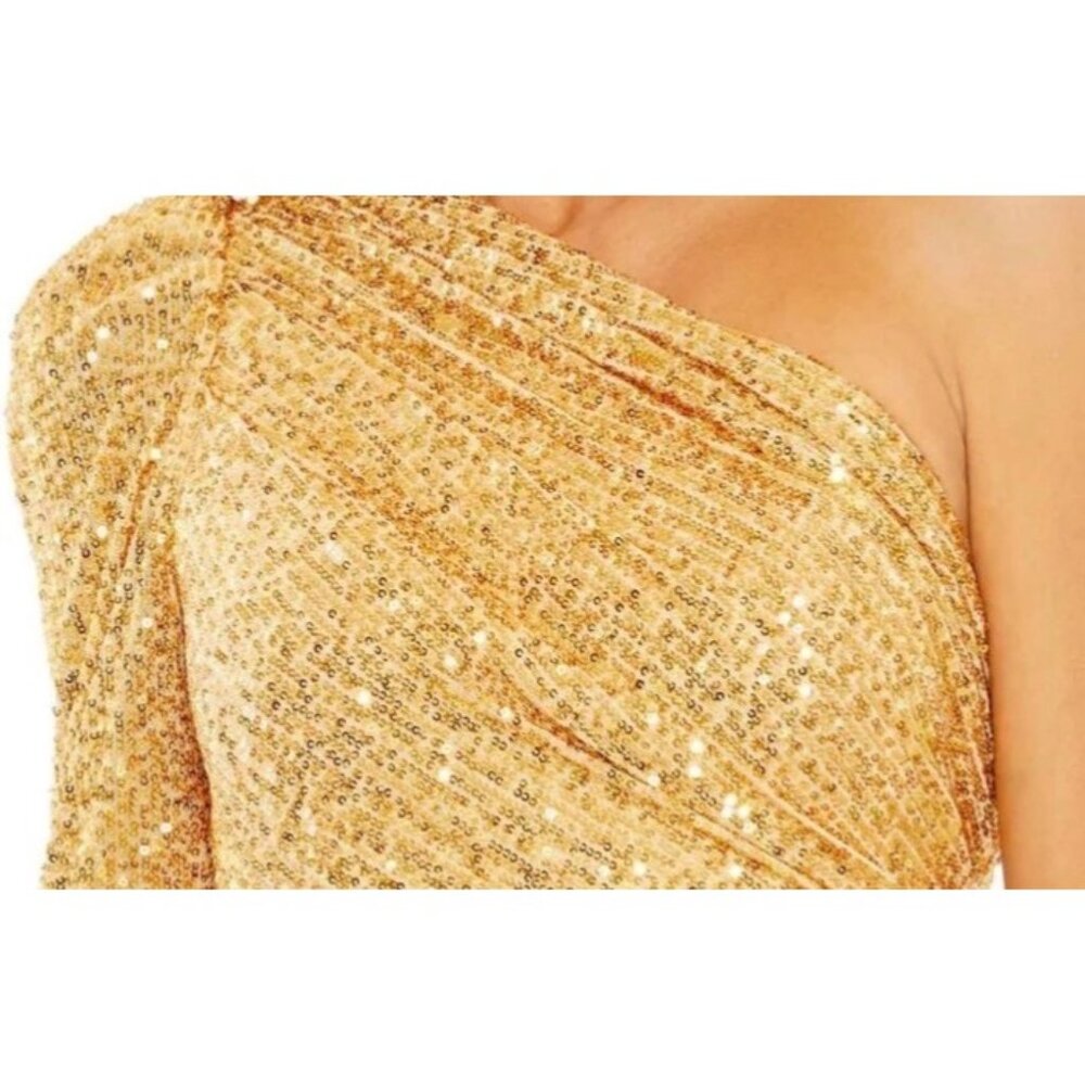 Mac Duggal Gold Sequined One Shoulder Draped Side Bow Mini Dress Size 2 - Picture 13 of 16